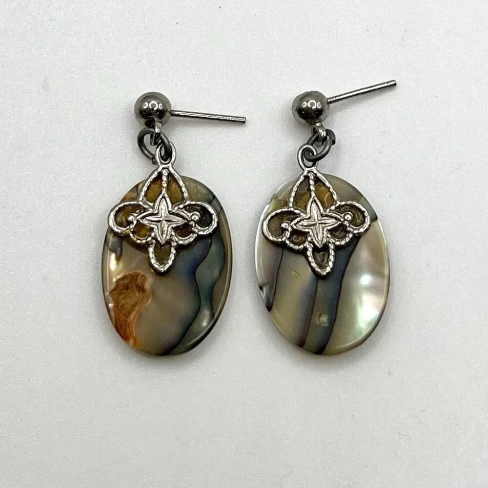 Abalone Shell Dangle Earrings Fleur De Lis Drop Iridescent Boho Coastal Beach